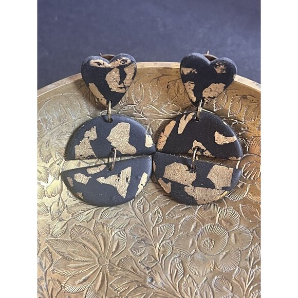 Black And Gold Polymer Clay Dangle Earrings Fashion Costume Statement Jewelry - Picture 3 of 9